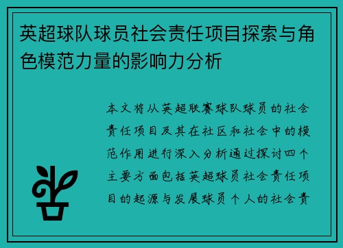 英超球队球员社会责任项目探索与角色模范力量的影响力分析