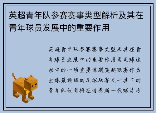 英超青年队参赛赛事类型解析及其在青年球员发展中的重要作用